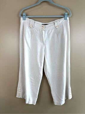 Tribal Linen Blend Capri Crop Pants Womens Sz 12 Ivory Button Hem Beach Coastal